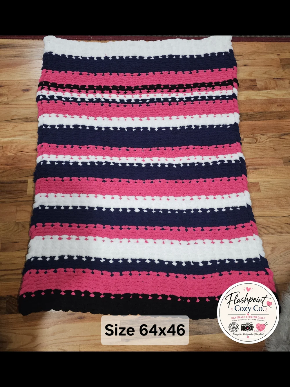 Handmade Chenille Stripe Throw Blanket - Pink, Navy, White